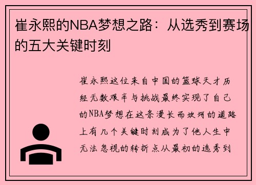 崔永熙的NBA梦想之路：从选秀到赛场的五大关键时刻
